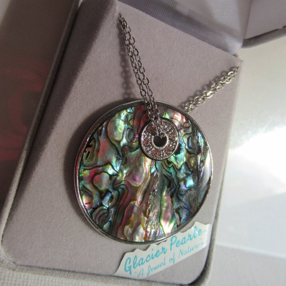 🇨🇦 Abalone shell pendant necklace, Harvest Moon, Silver, 20", large
